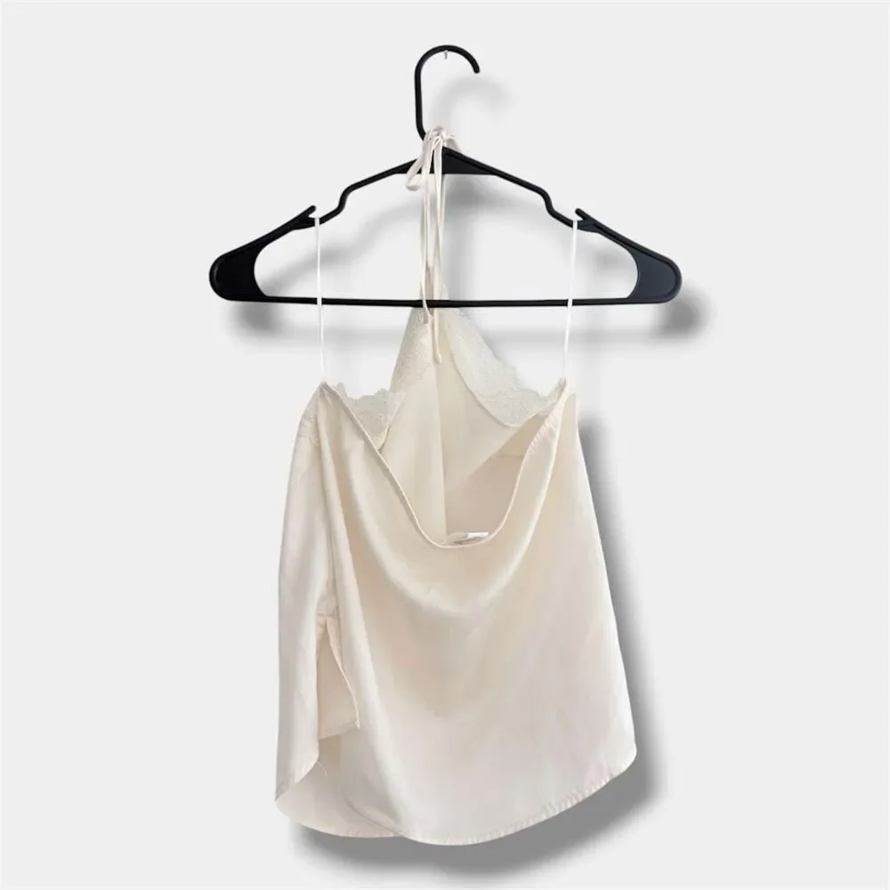 H&M Off White Floral Lace Coquette Halter Neck Bustier Tank Top Satin XS